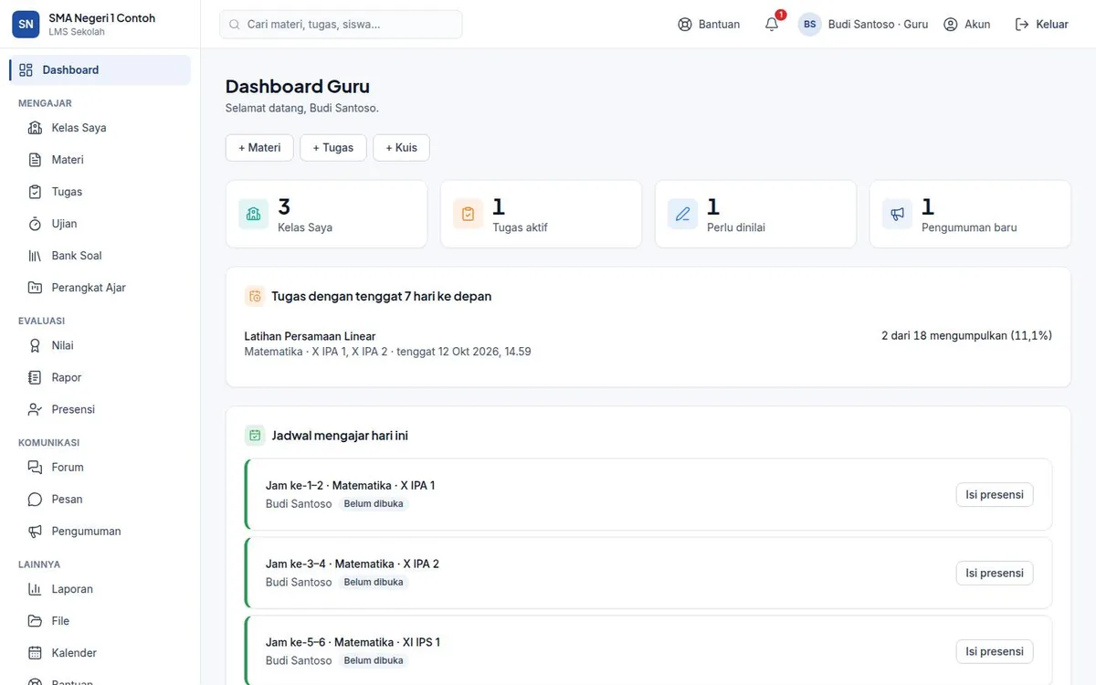 Tampilan dashboard guru di LMS Sekolah